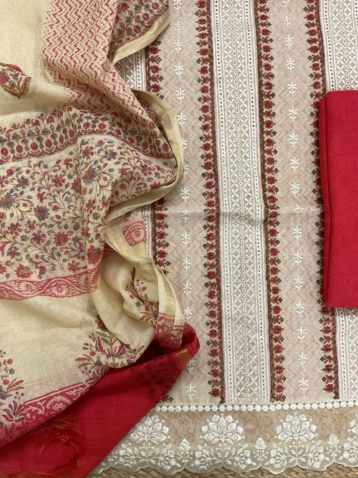 Pure Chanderi Printed Embroidered Suit - Beige