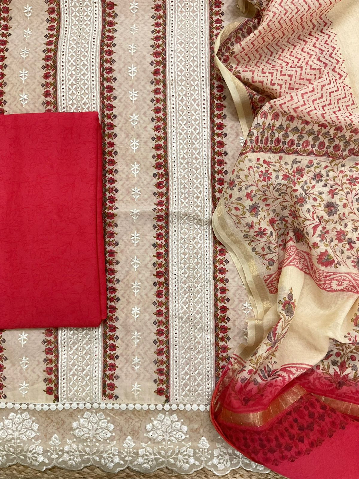 Pure Chanderi Printed Embroidered Suit - Beige