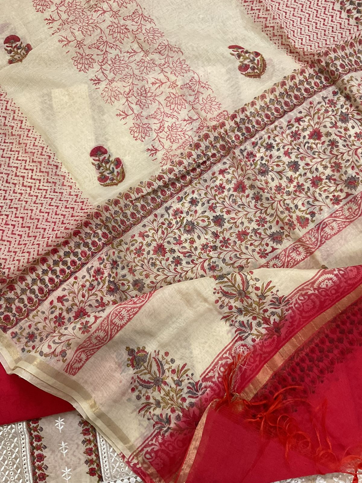 Pure Chanderi Printed Embroidered Suit - Beige