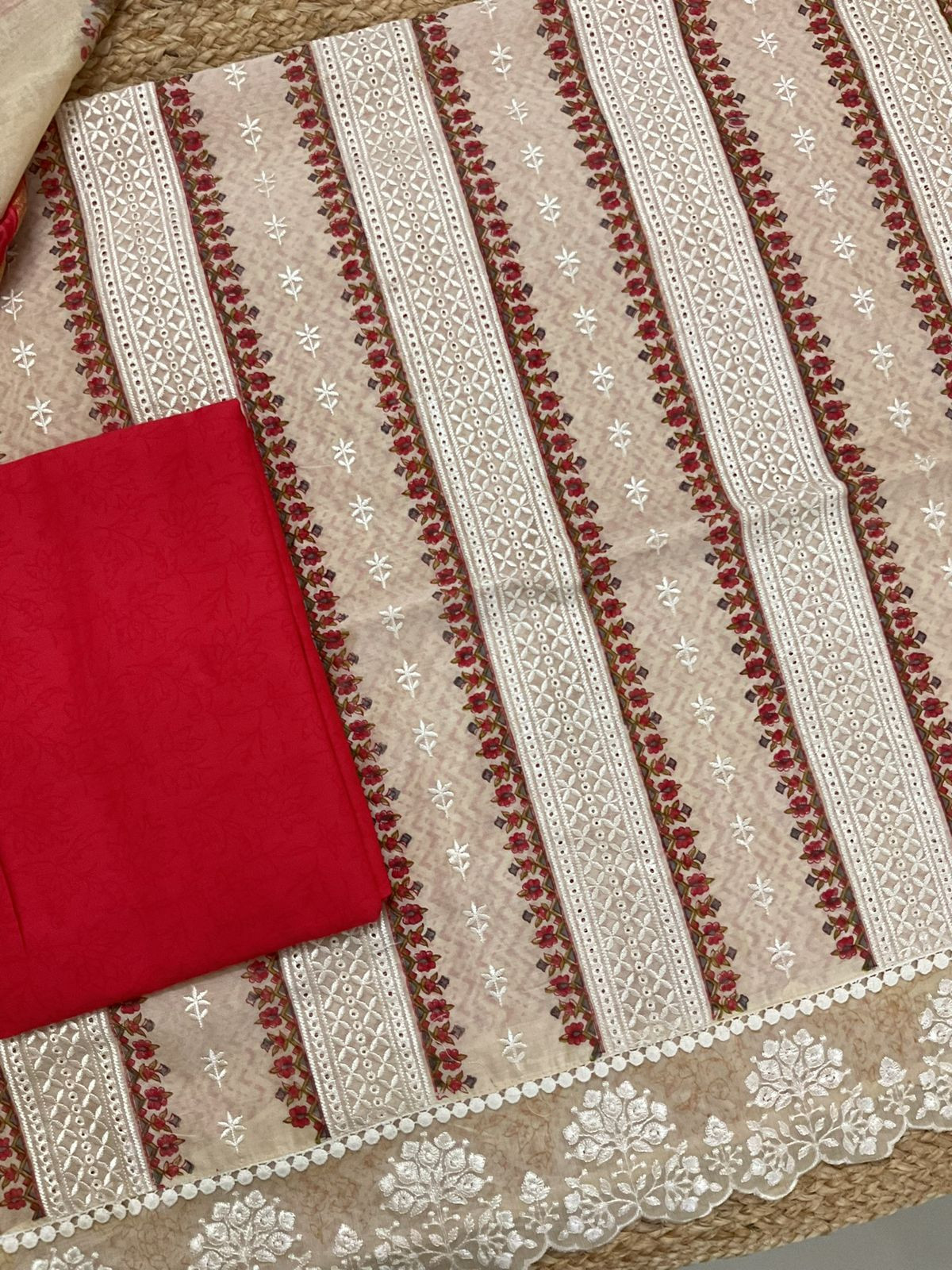 Pure Chanderi Printed Embroidered Suit - Beige