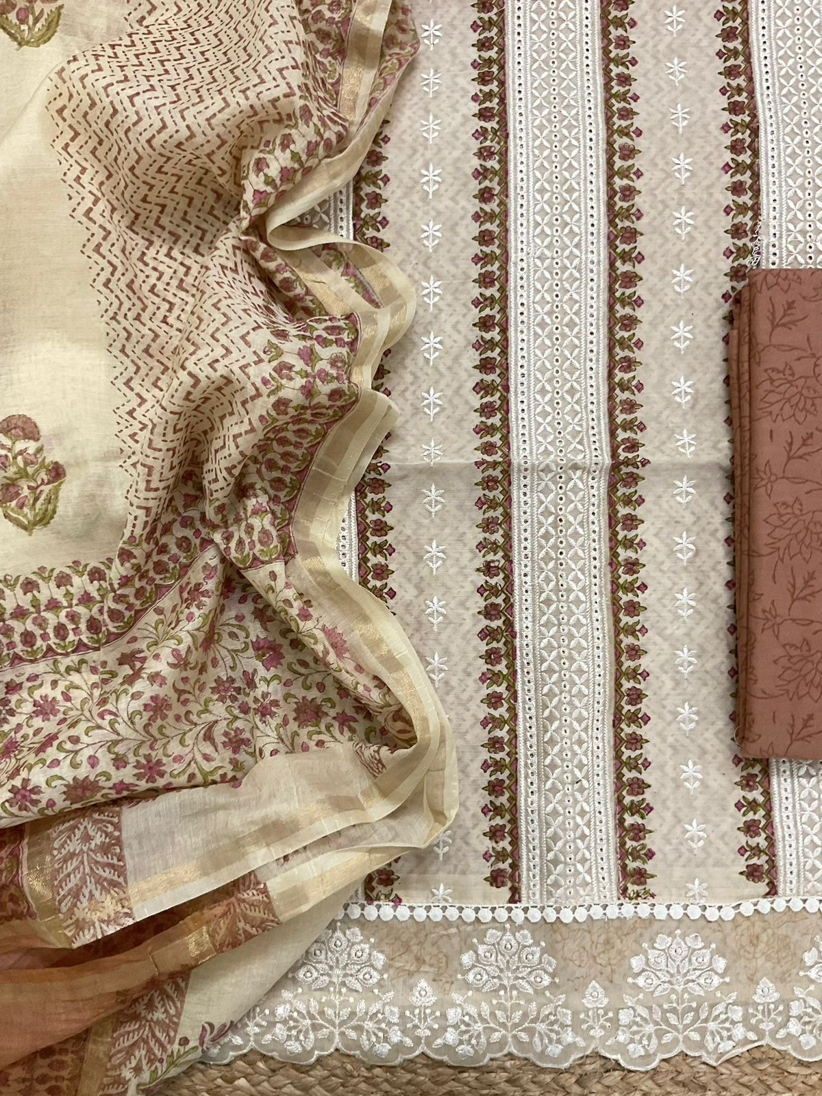 Pure Chanderi Printed Embroidered Suit - Beige