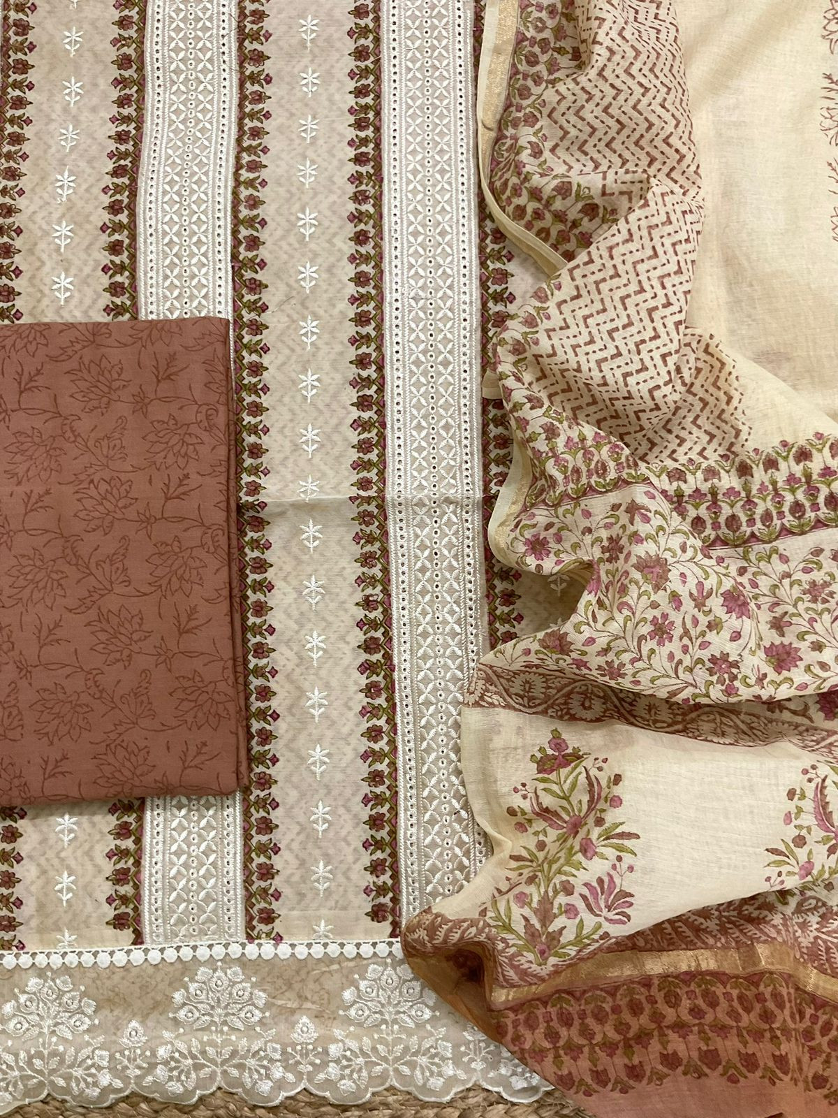 Pure Chanderi Printed Embroidered Suit - Beige