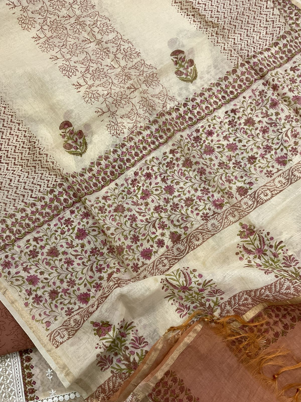 Pure Chanderi Printed Embroidered Suit - Beige