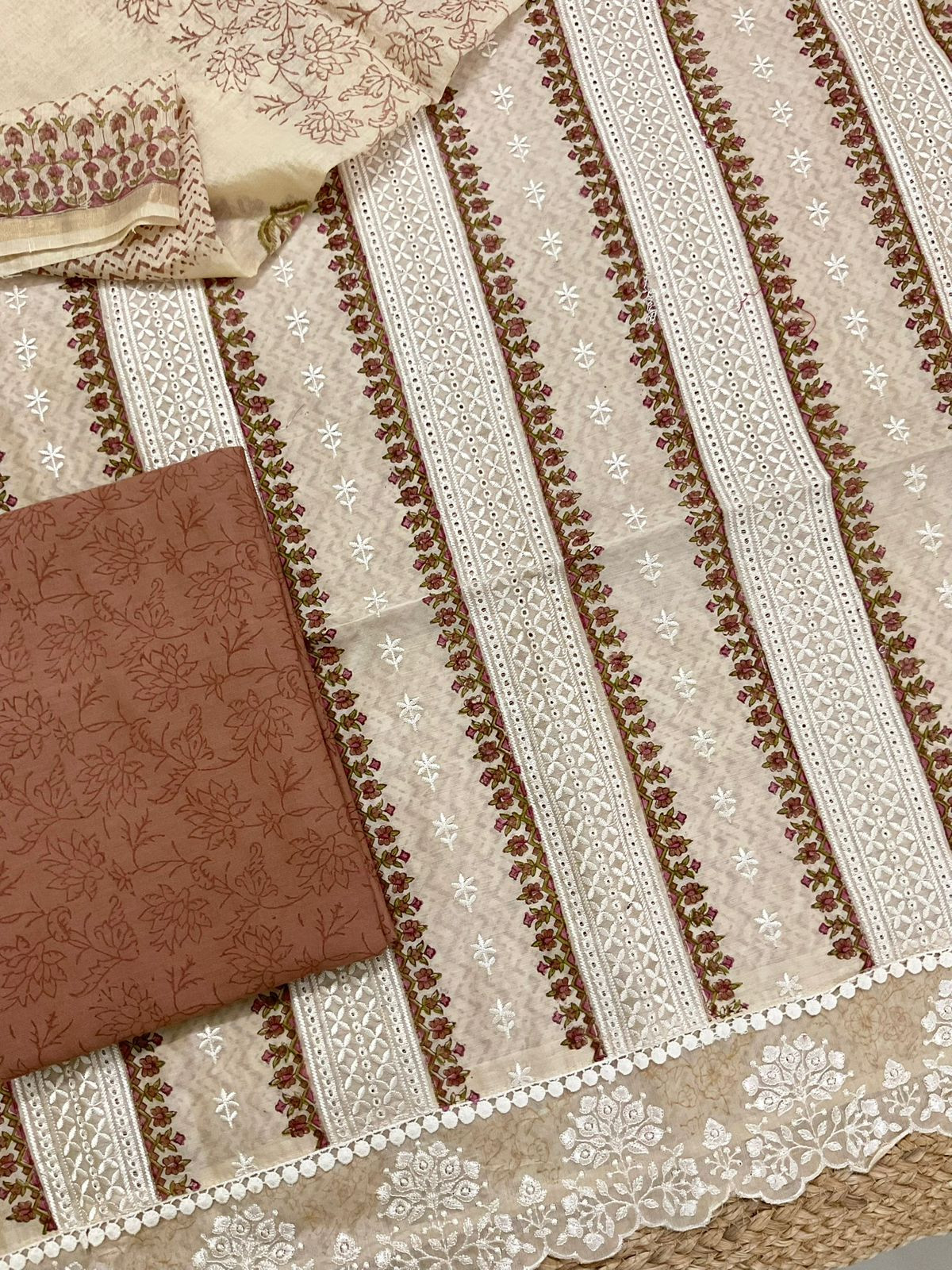 Pure Chanderi Printed Embroidered Suit - Beige
