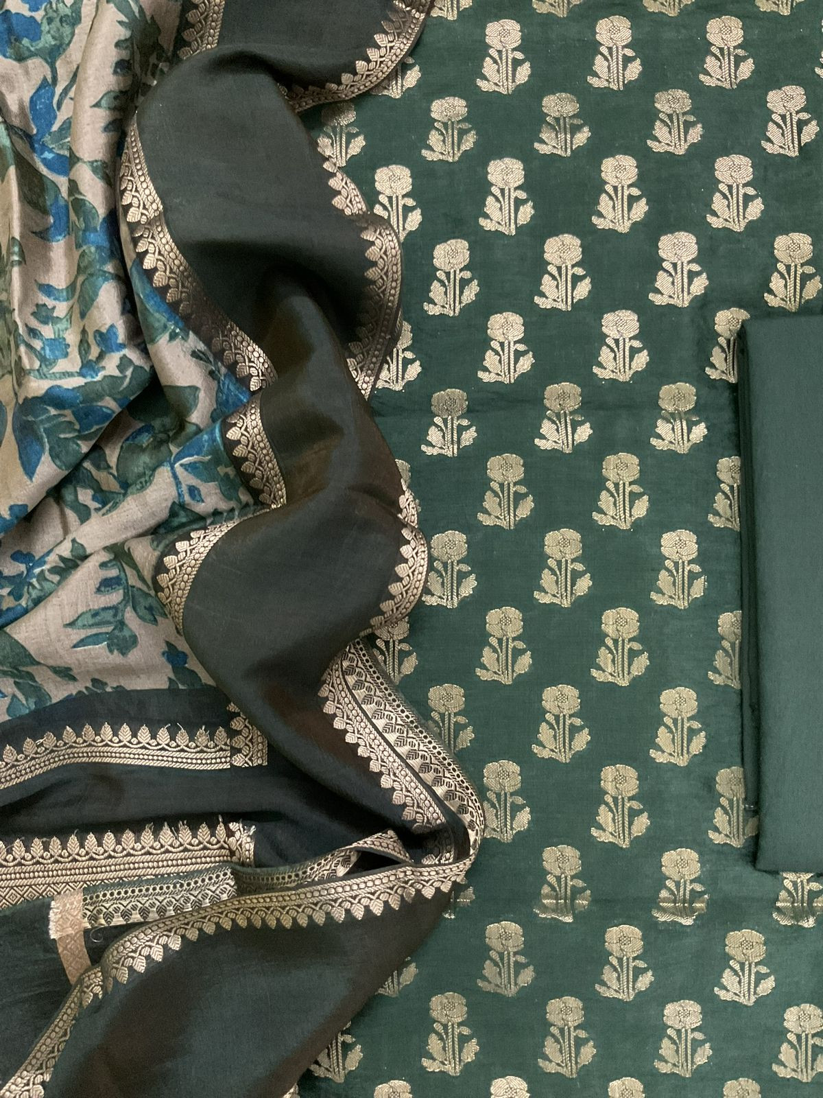 Soft Banarasi Chanderi Printed Self Weaved Suit - Green