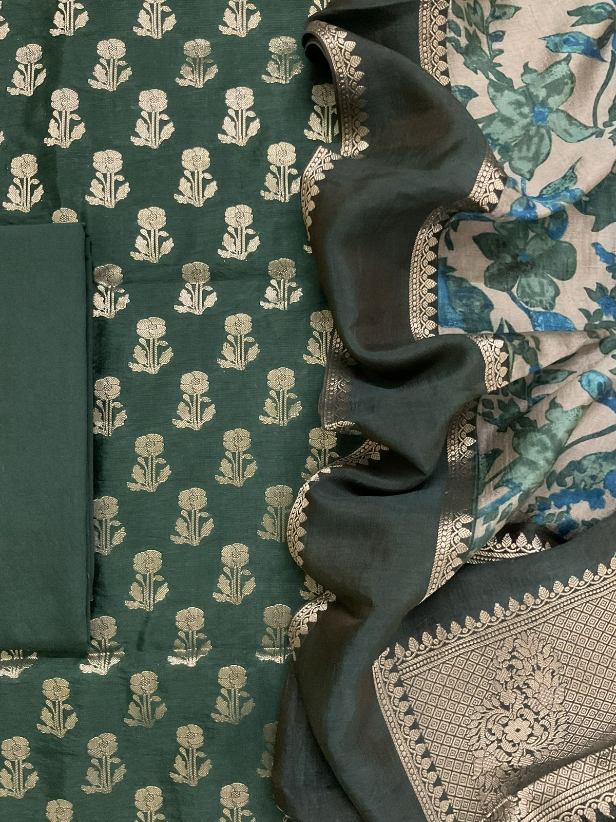 Soft Banarasi Chanderi Printed Self Weaved Suit - Green
