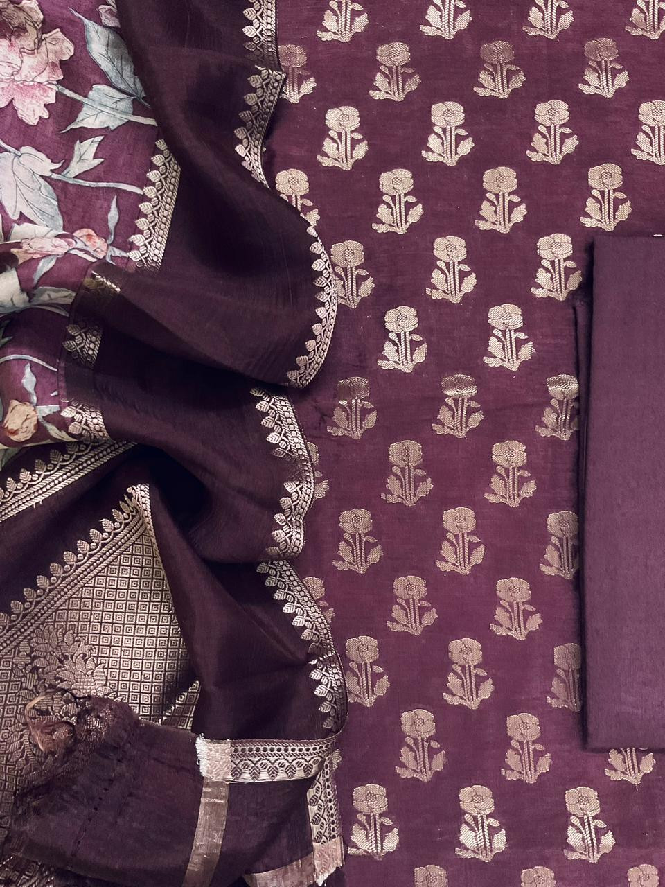 Soft Banarasi Chanderi Printed Self Weaved Suit - Wine