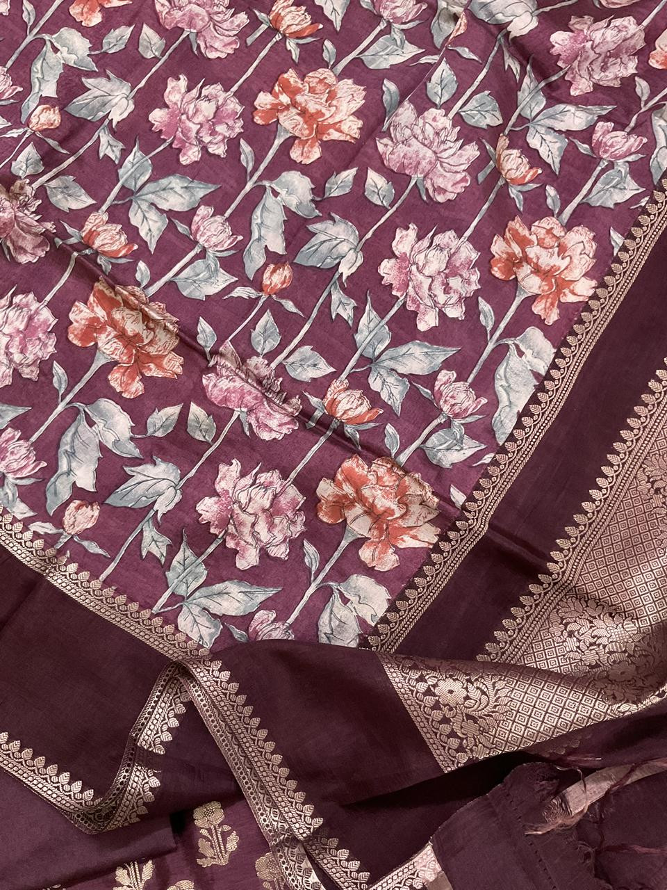 Soft Banarasi Chanderi Printed Self Weaved Suit - Wine