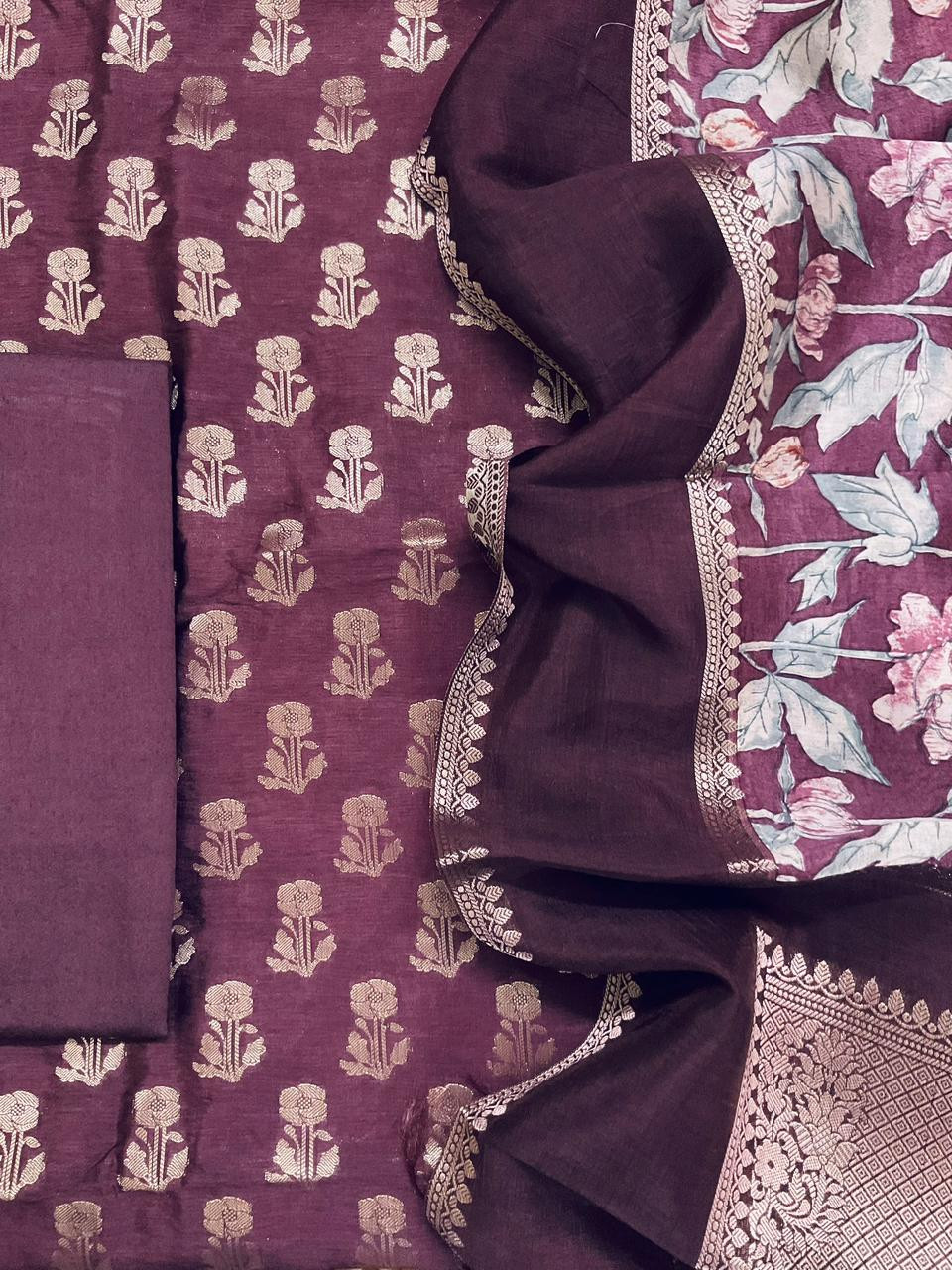 Soft Banarasi Chanderi Printed Self Weaved Suit - Wine