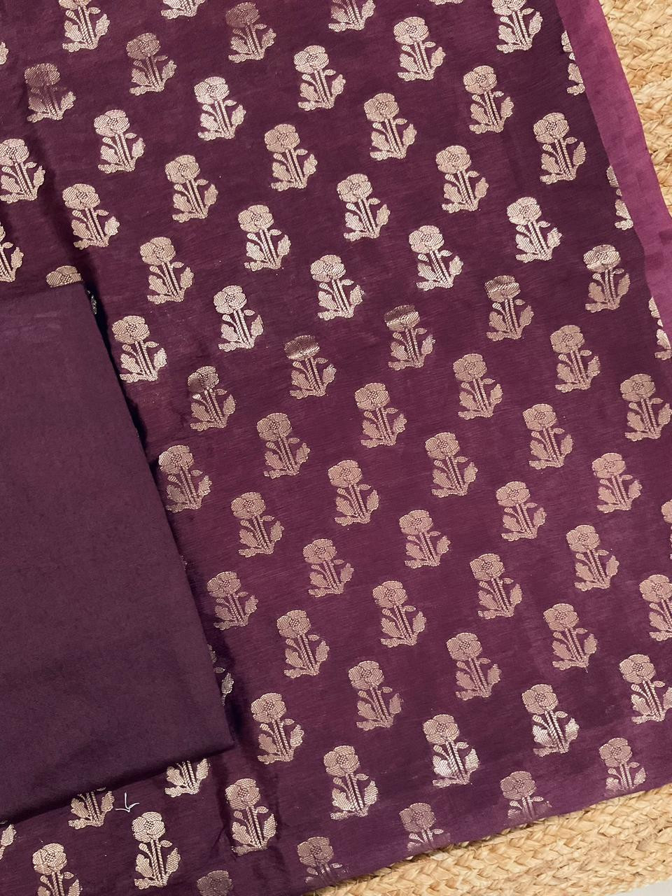 Soft Banarasi Chanderi Printed Self Weaved Suit - Wine