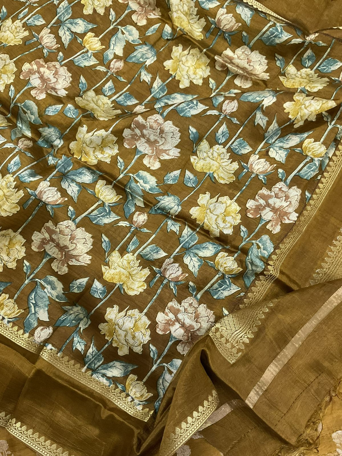 Soft Banarasi Chanderi Printed Self Weaved Suit - Mustard