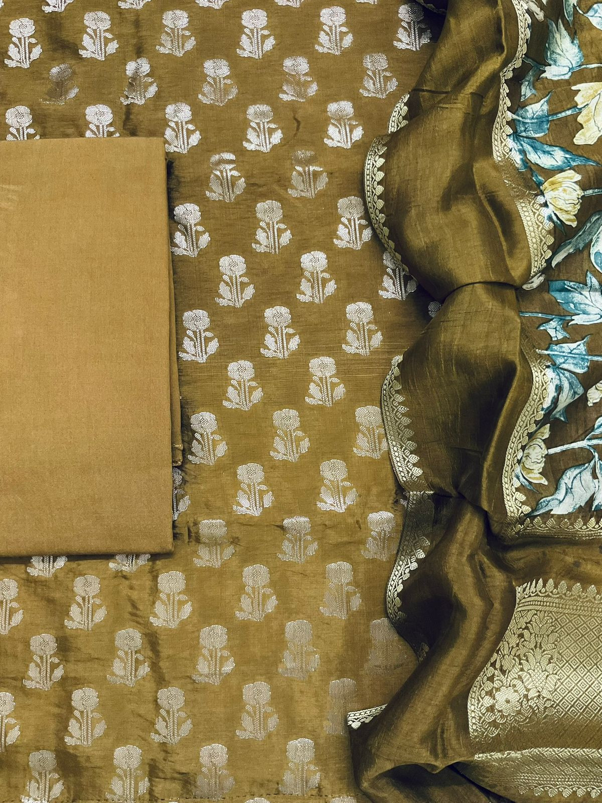 Soft Banarasi Chanderi Printed Self Weaved Suit - Mustard