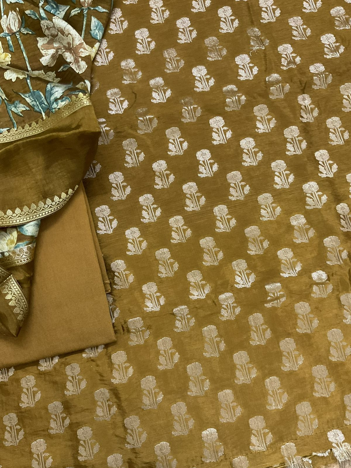 Soft Banarasi Chanderi Printed Self Weaved Suit - Mustard