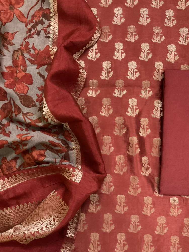 Image of Soft Banarasi Chanderi Printed Self Weaved Suit - Brick Red