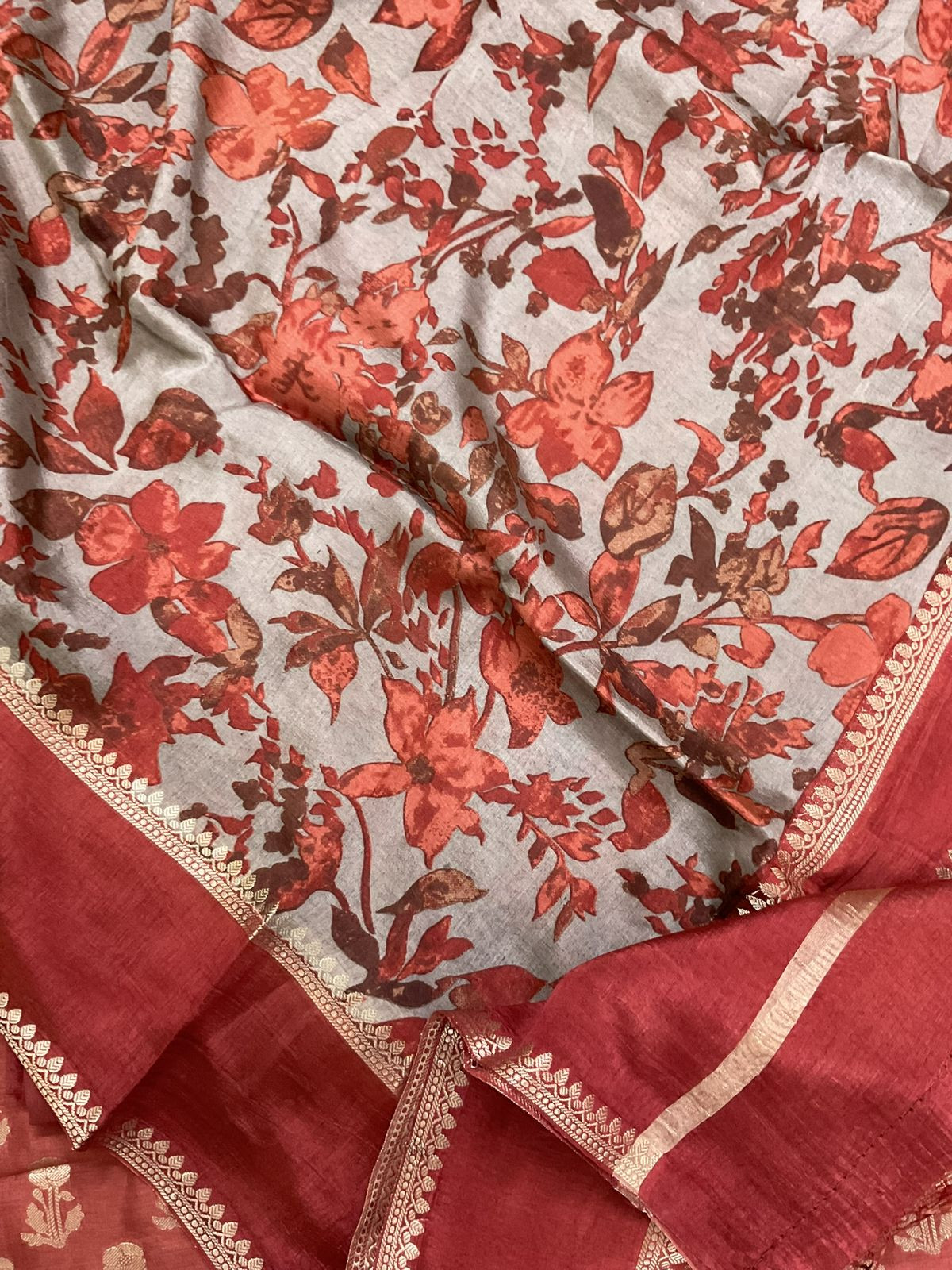 Soft Banarasi Chanderi Printed Self Weaved Suit - Brick Red