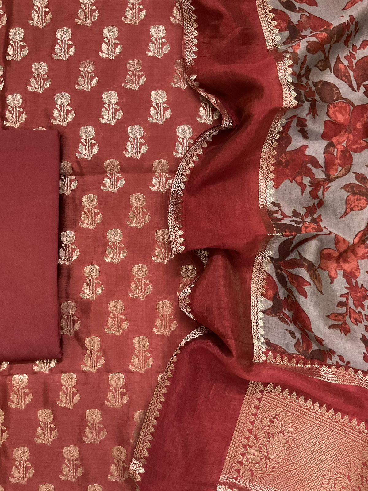 Soft Banarasi Chanderi Printed Self Weaved Suit - Brick Red