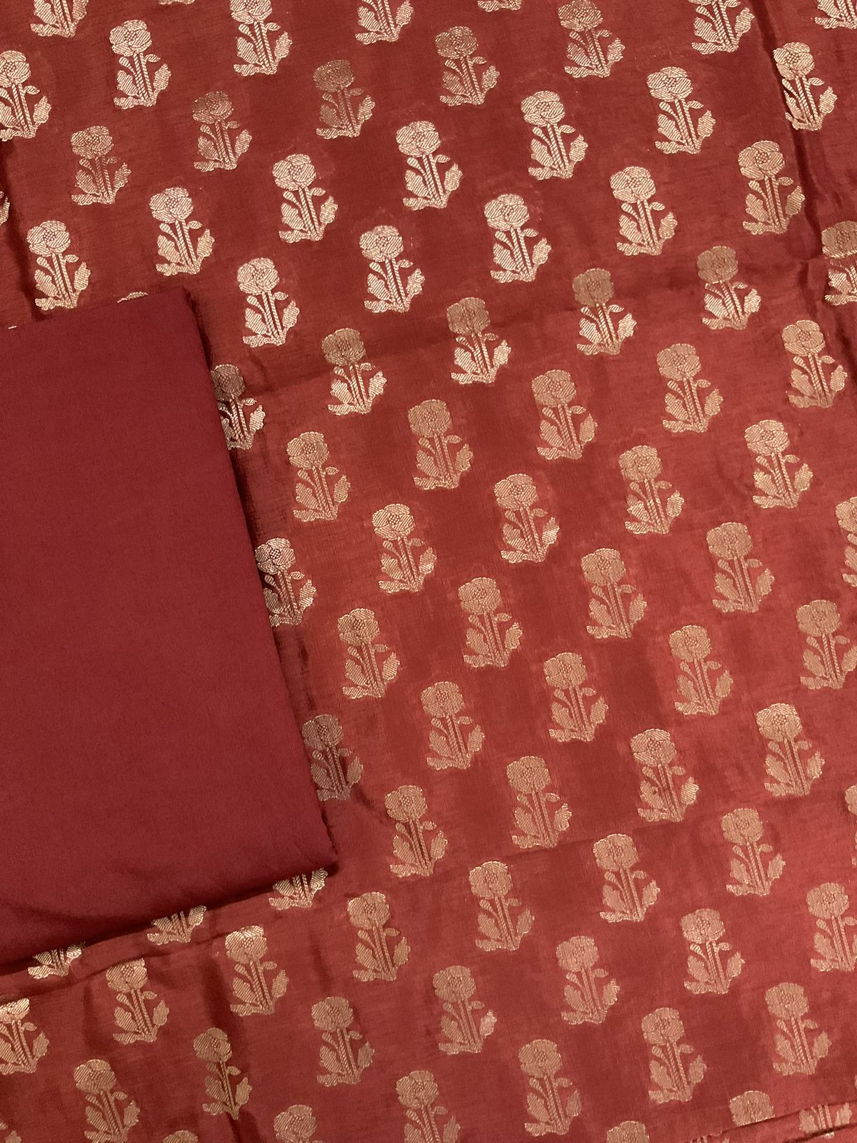 Soft Banarasi Chanderi Printed Self Weaved Suit - Brick Red