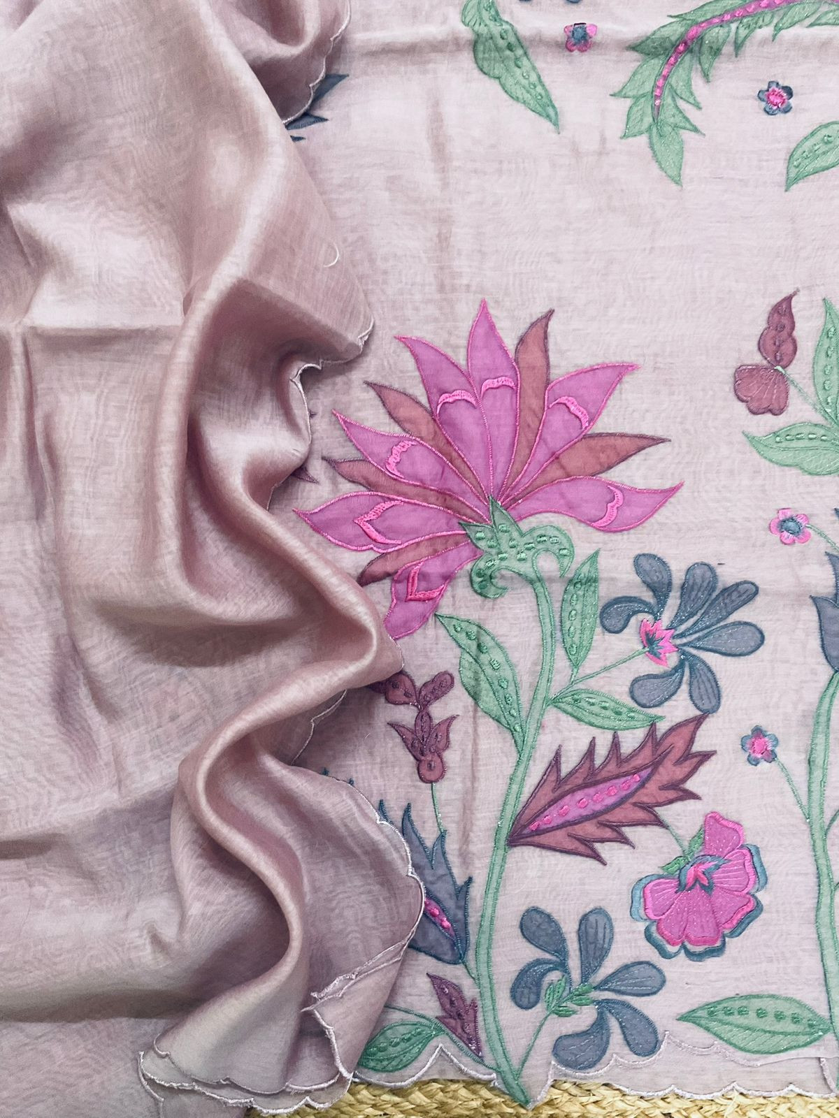 Pure Mul Chanderi Embroidered Suit - Mauve