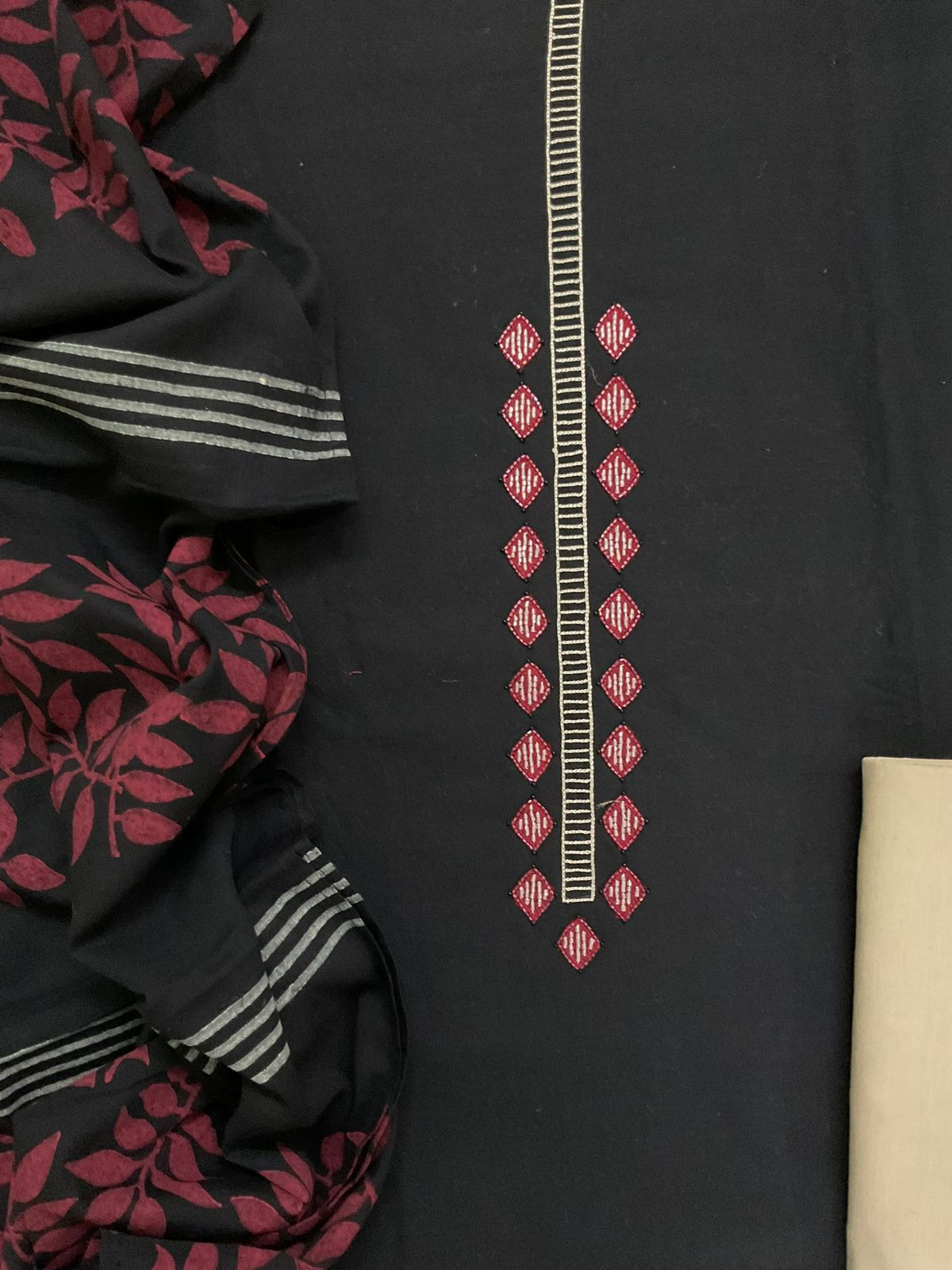 Pure Cotton Printed Self Weaved Embroidered Suit - Black