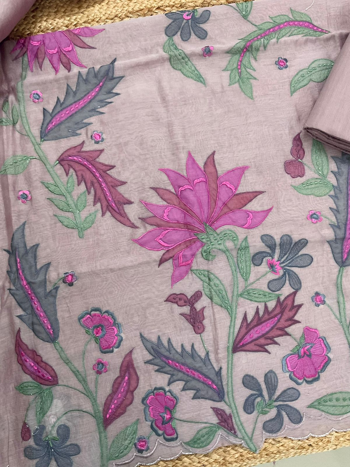 Pure Mul Chanderi Embroidered Suit - Mauve