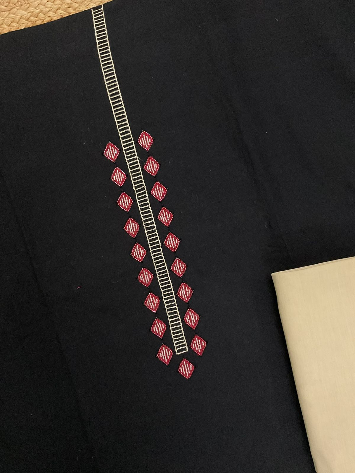 Pure Cotton Printed Self Weaved Embroidered Suit - Black