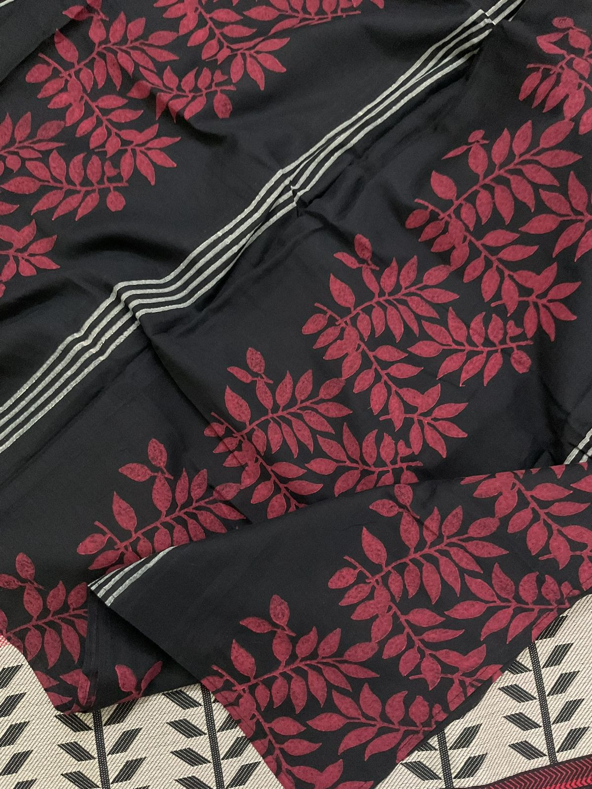 Pure Cotton Printed Self Weaved Embroidered Suit - Black