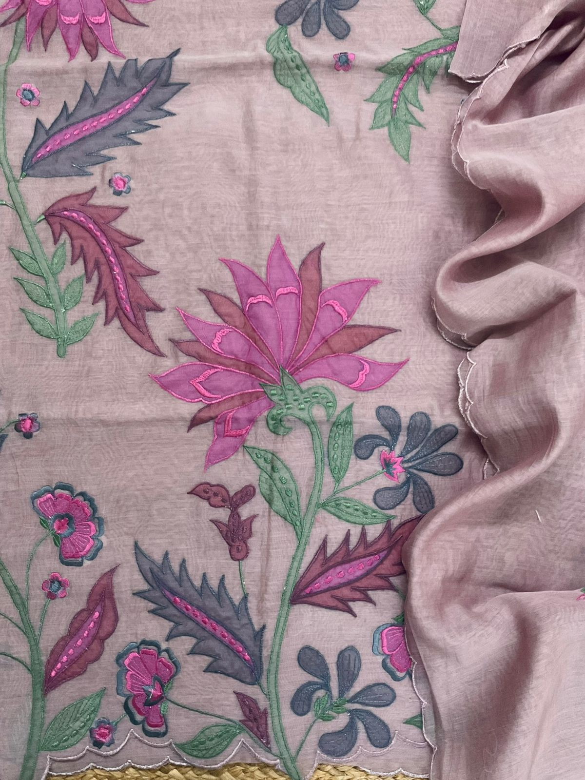 Pure Mul Chanderi Embroidered Suit - Mauve