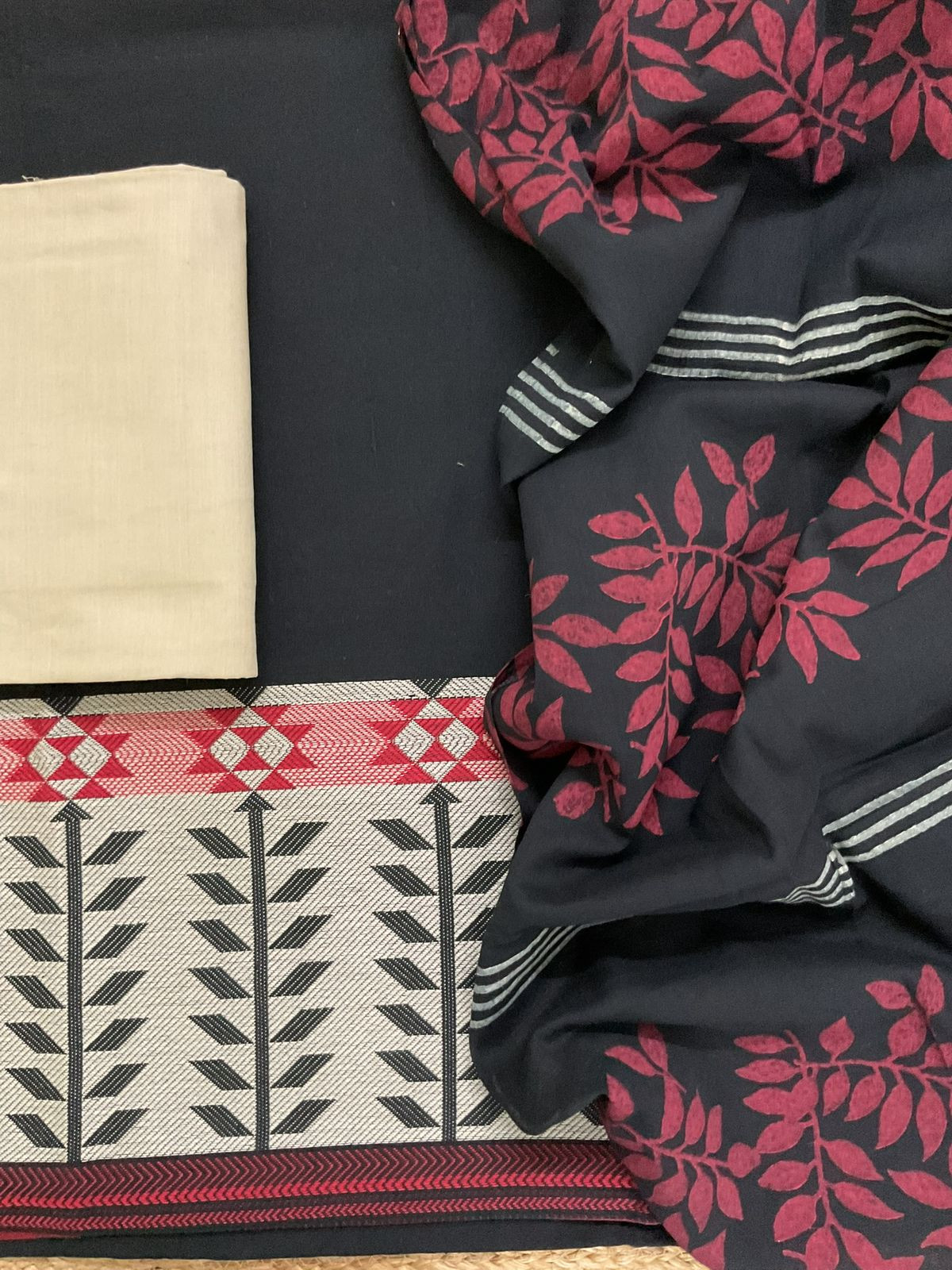 Pure Cotton Printed Self Weaved Embroidered Suit - Black