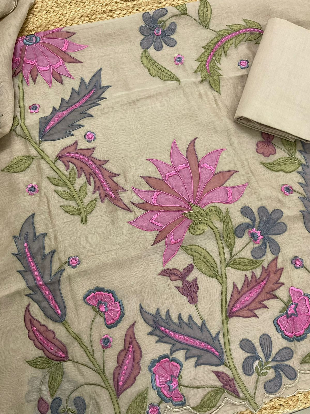 Pure Mul Chanderi Embroidered Suit - Beige