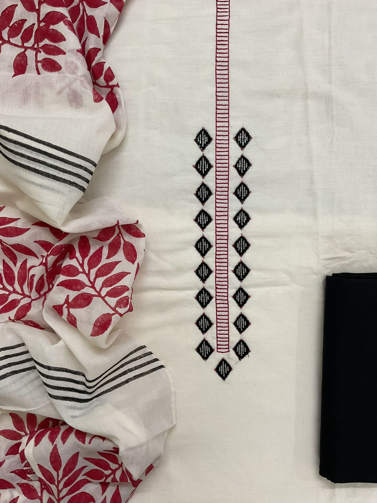 Pure Cotton Printed Self Weaved Embroidered Suit - Offwhite