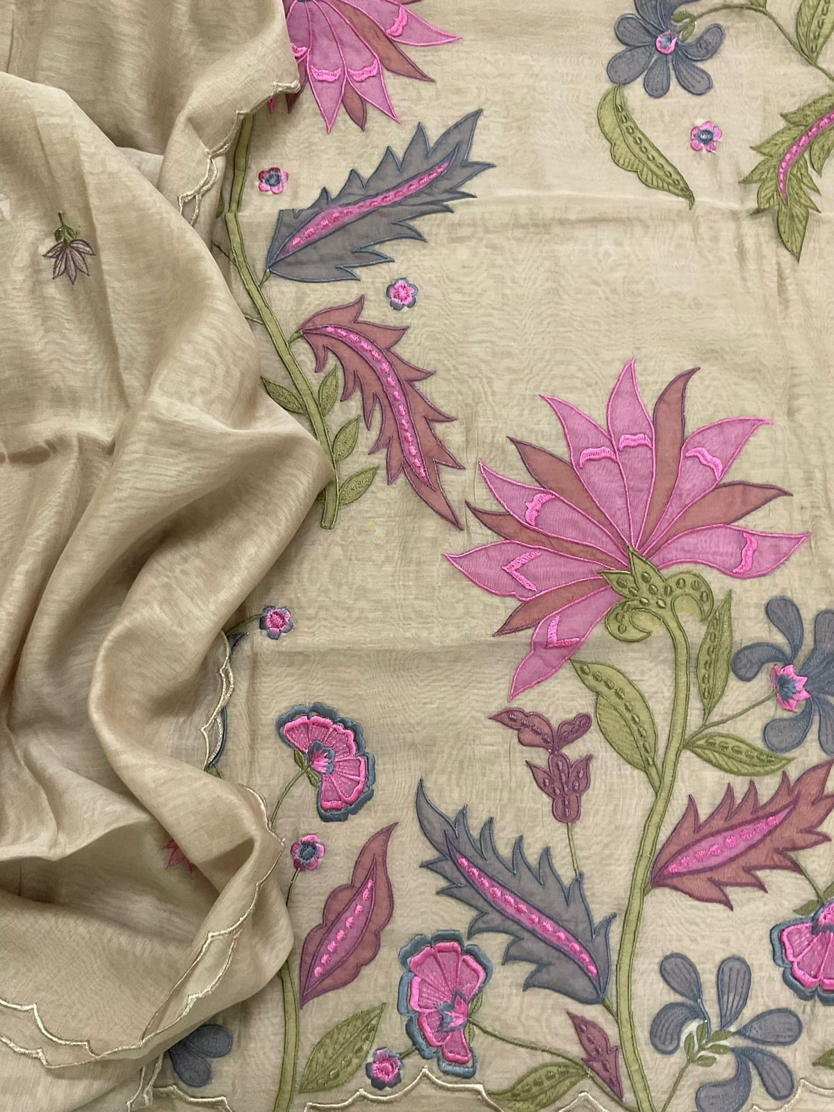 Pure Mul Chanderi Embroidered Suit - Beige