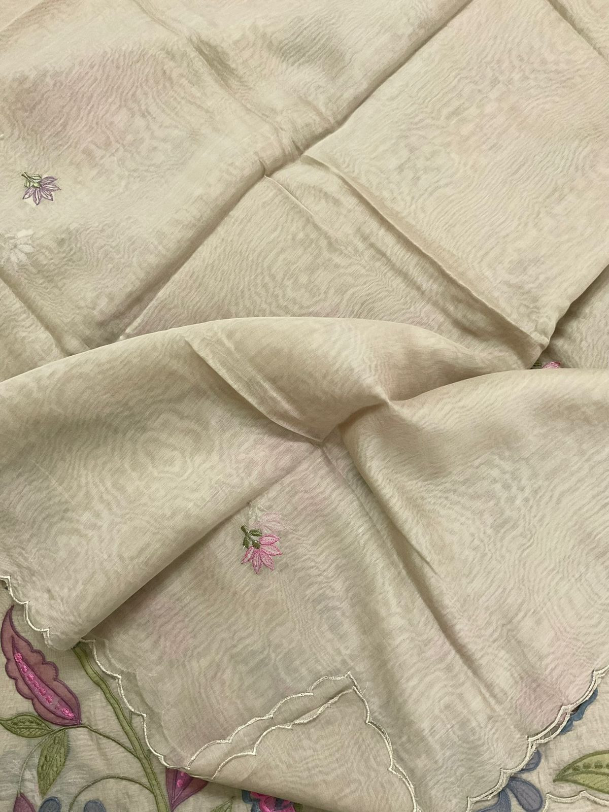 Pure Mul Chanderi Embroidered Suit - Beige