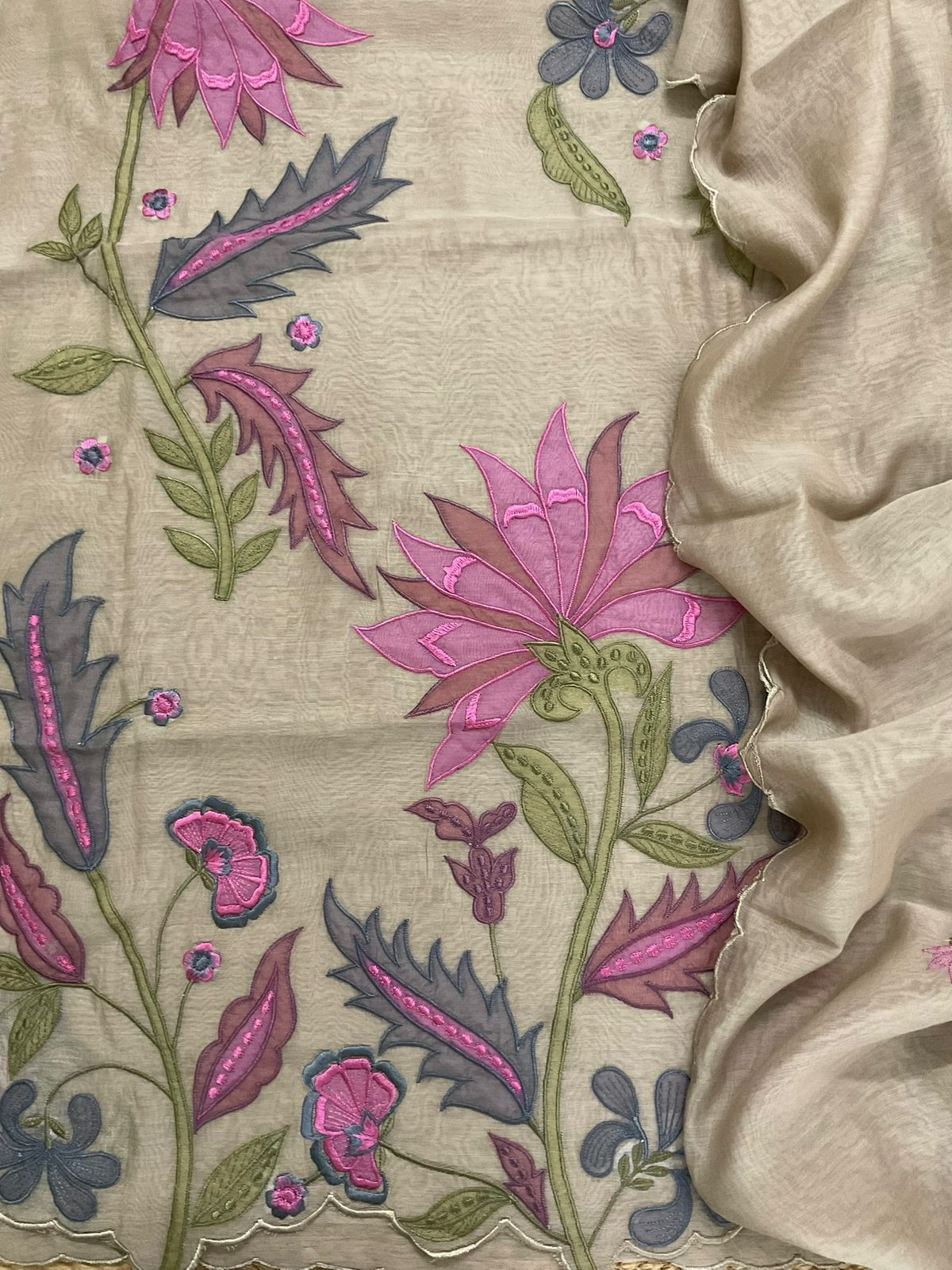 Pure Mul Chanderi Embroidered Suit - Beige