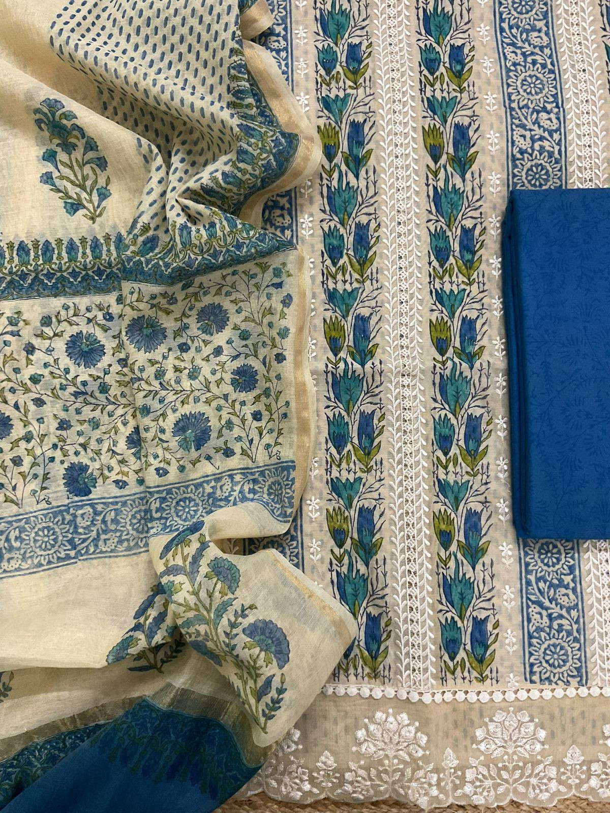 Pure Chanderi Printed Embroidered Suit - Beige