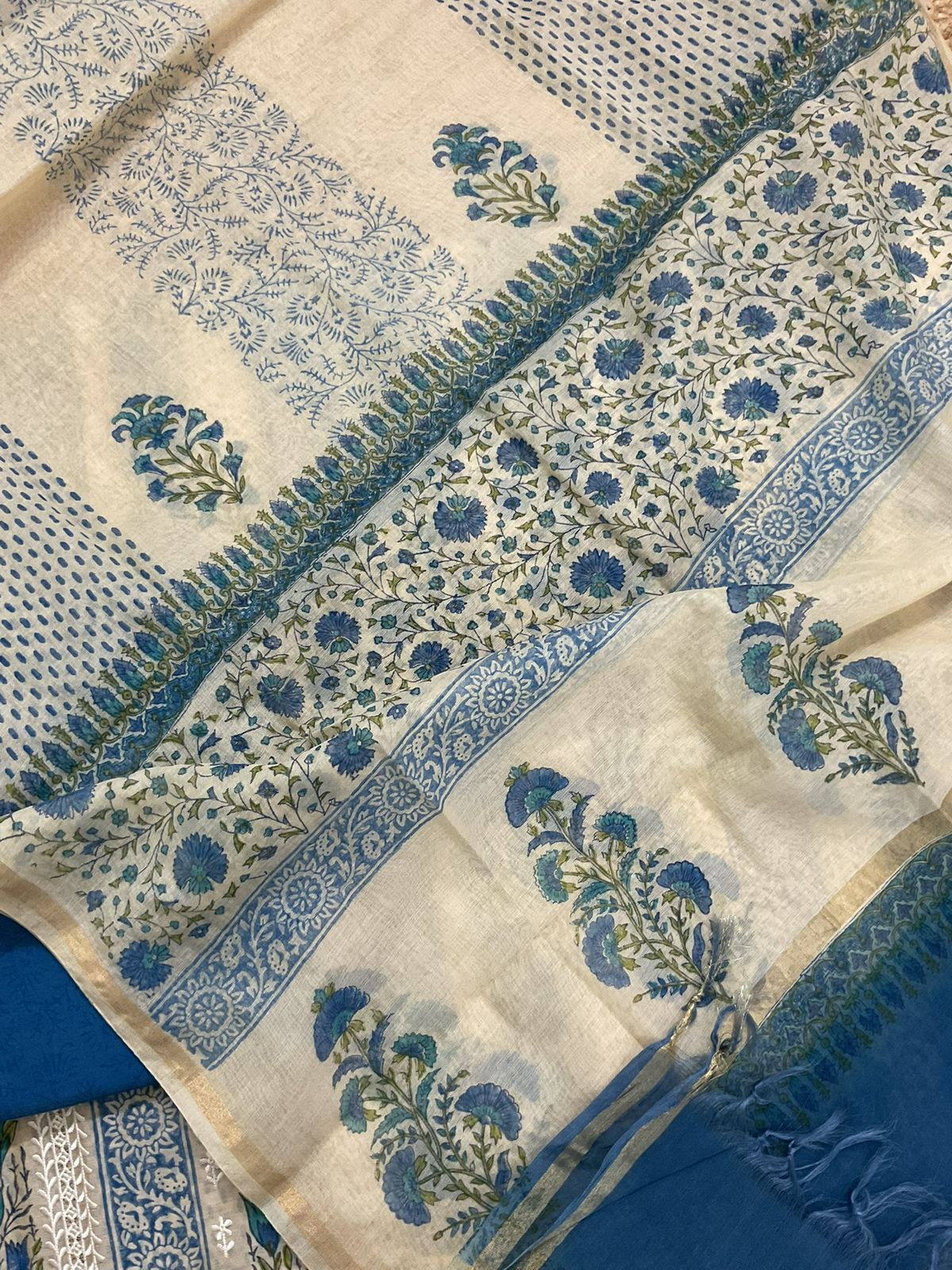 Pure Chanderi Printed Embroidered Suit - Beige