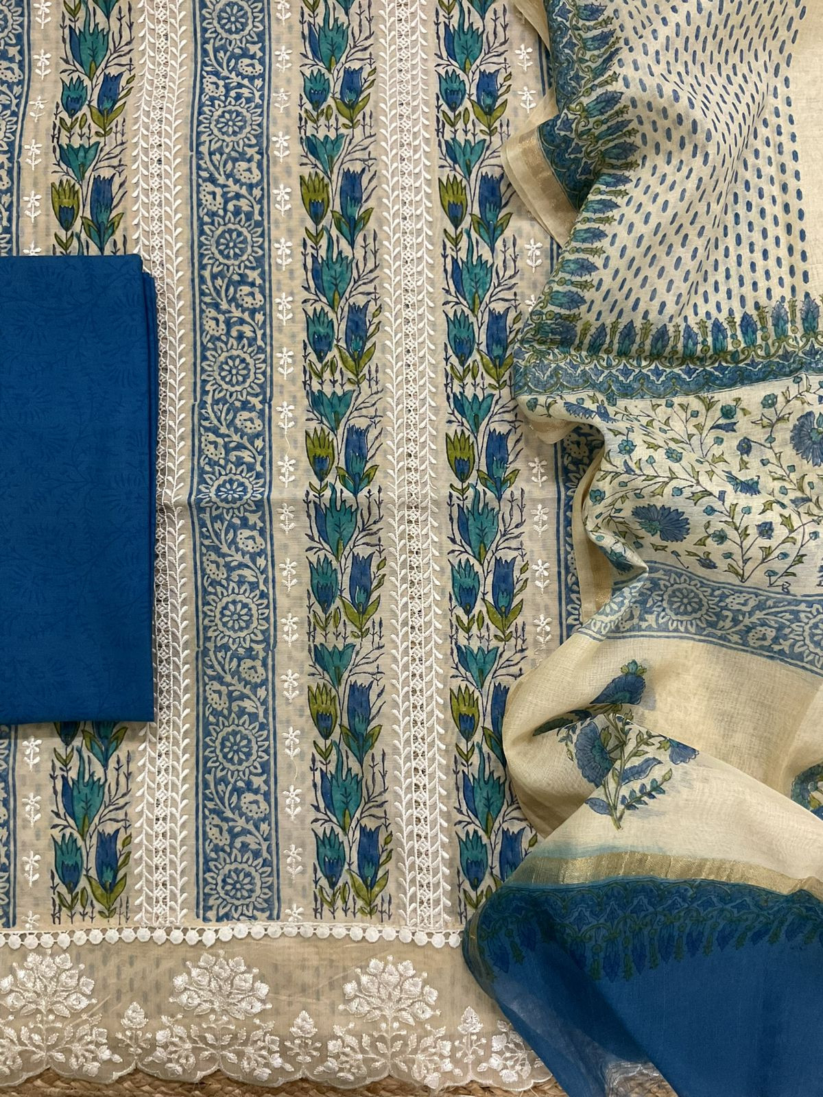 Pure Chanderi Printed Embroidered Suit - Beige