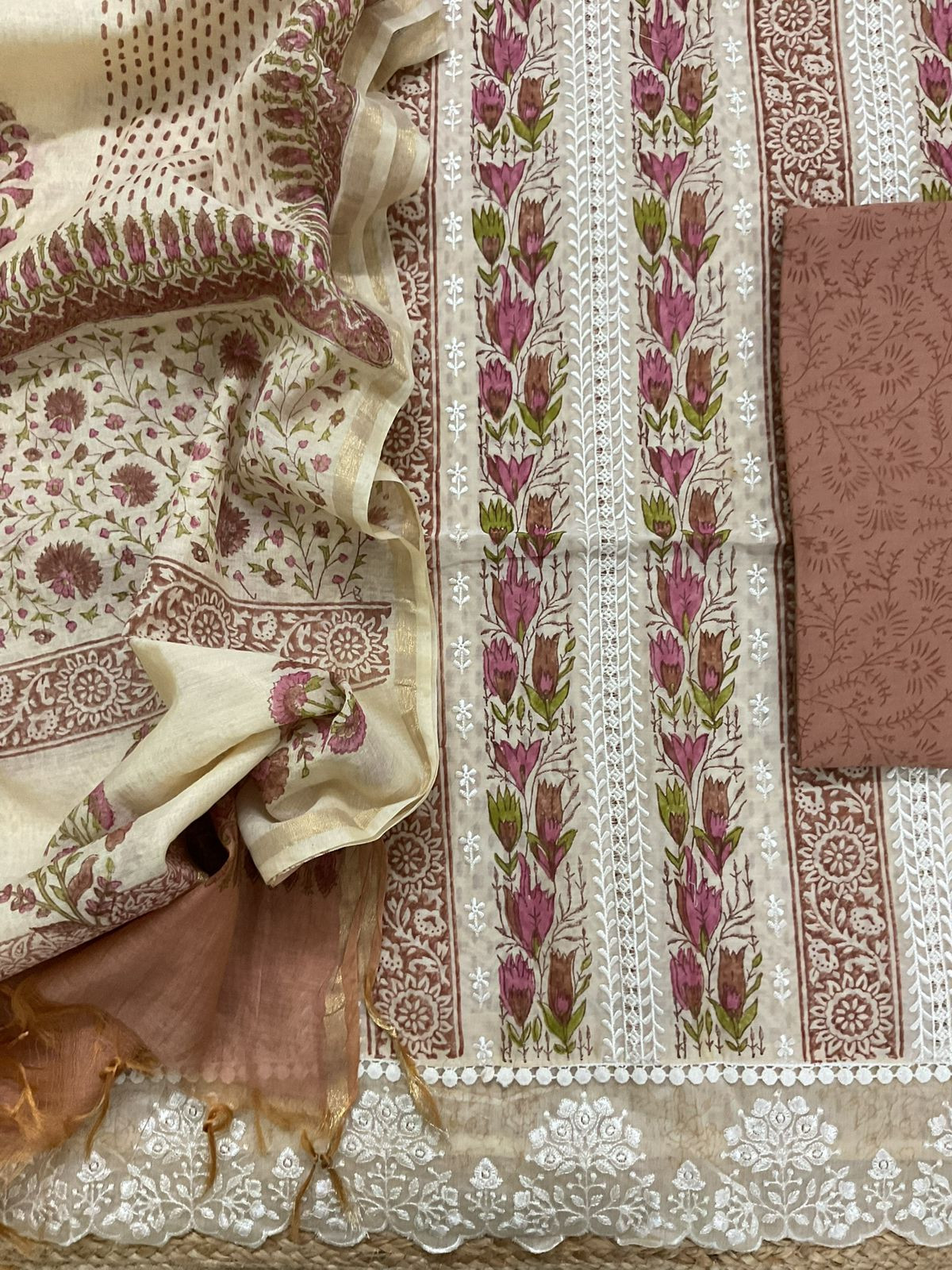 Pure Chanderi Printed Embroidered Suit - Beige