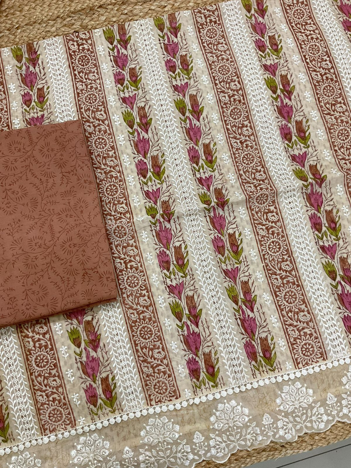 Pure Chanderi Printed Embroidered Suit - Beige