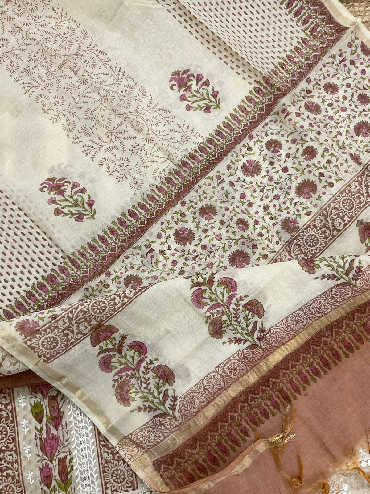 Pure Chanderi Printed Embroidered Suit - Beige