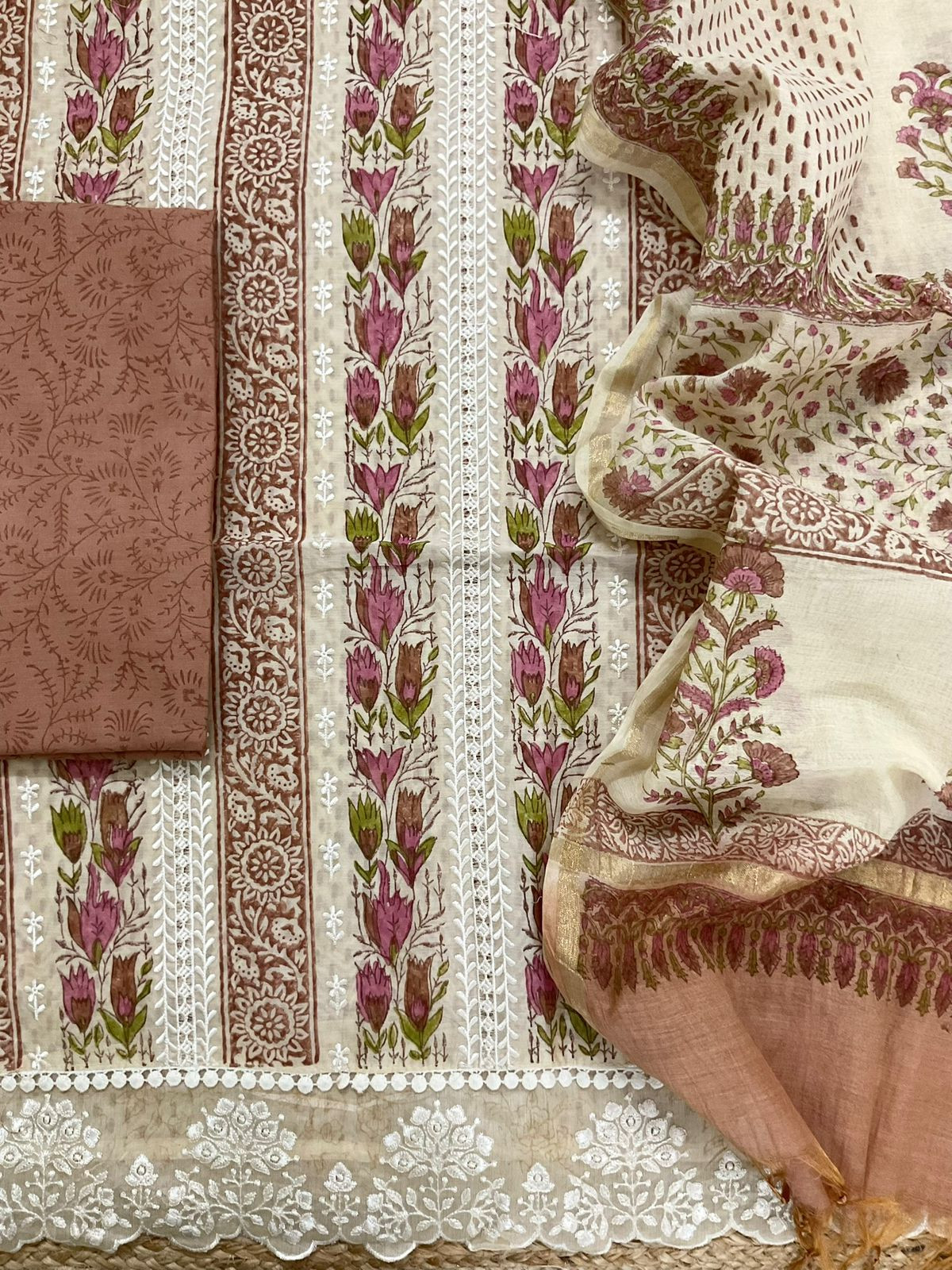 Pure Chanderi Printed Embroidered Suit - Beige