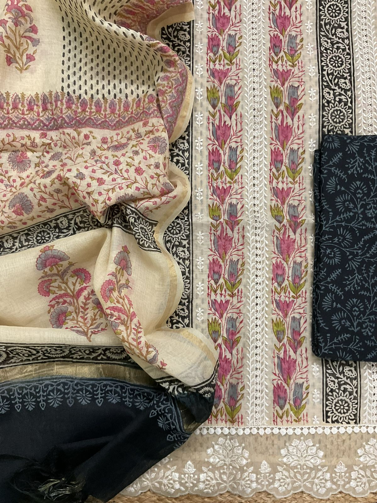 Pure Chanderi Printed Embroidered Suit - Beige