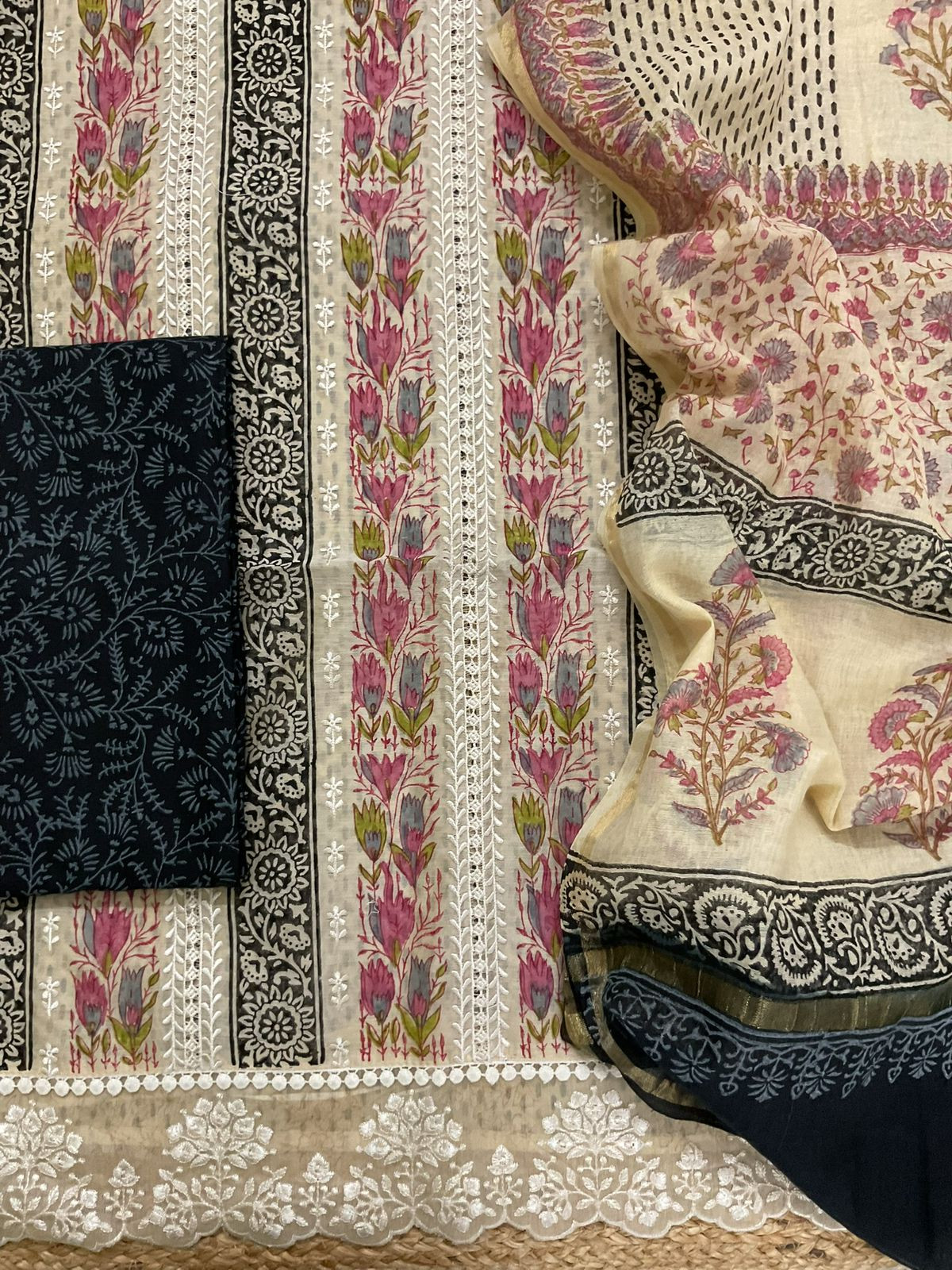 Pure Chanderi Printed Embroidered Suit - Beige