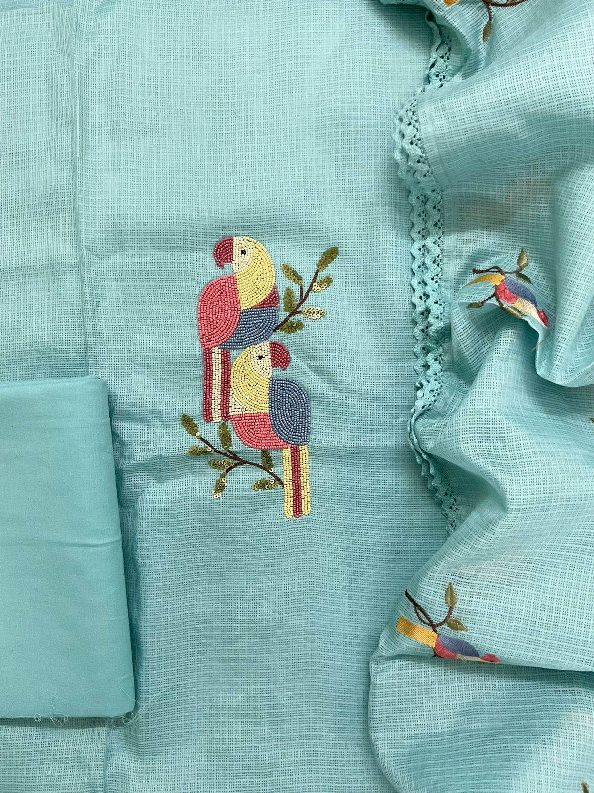 Soft Kota Silk Embroidered Suit - Blue