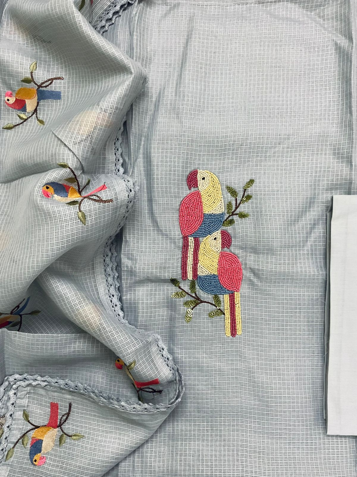 Soft Kota Silk Embroidered Suit - Grey