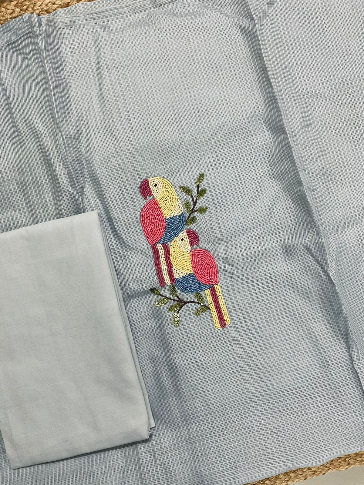 Soft Kota Silk Embroidered Suit - Grey