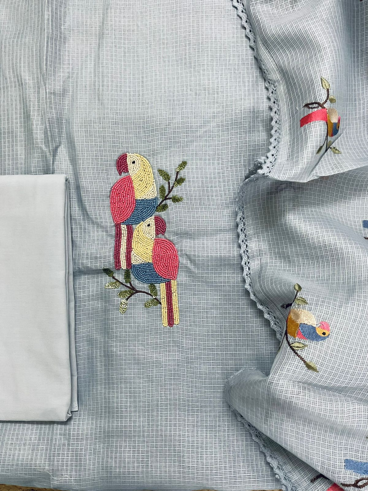 Soft Kota Silk Embroidered Suit - Grey