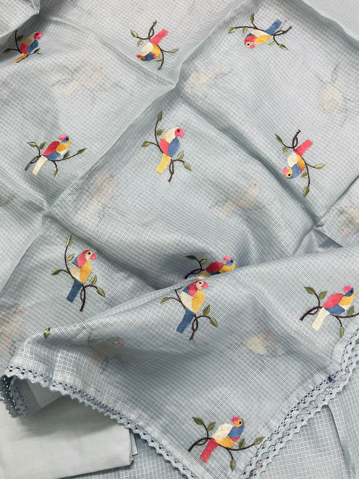 Soft Kota Silk Embroidered Suit - Grey