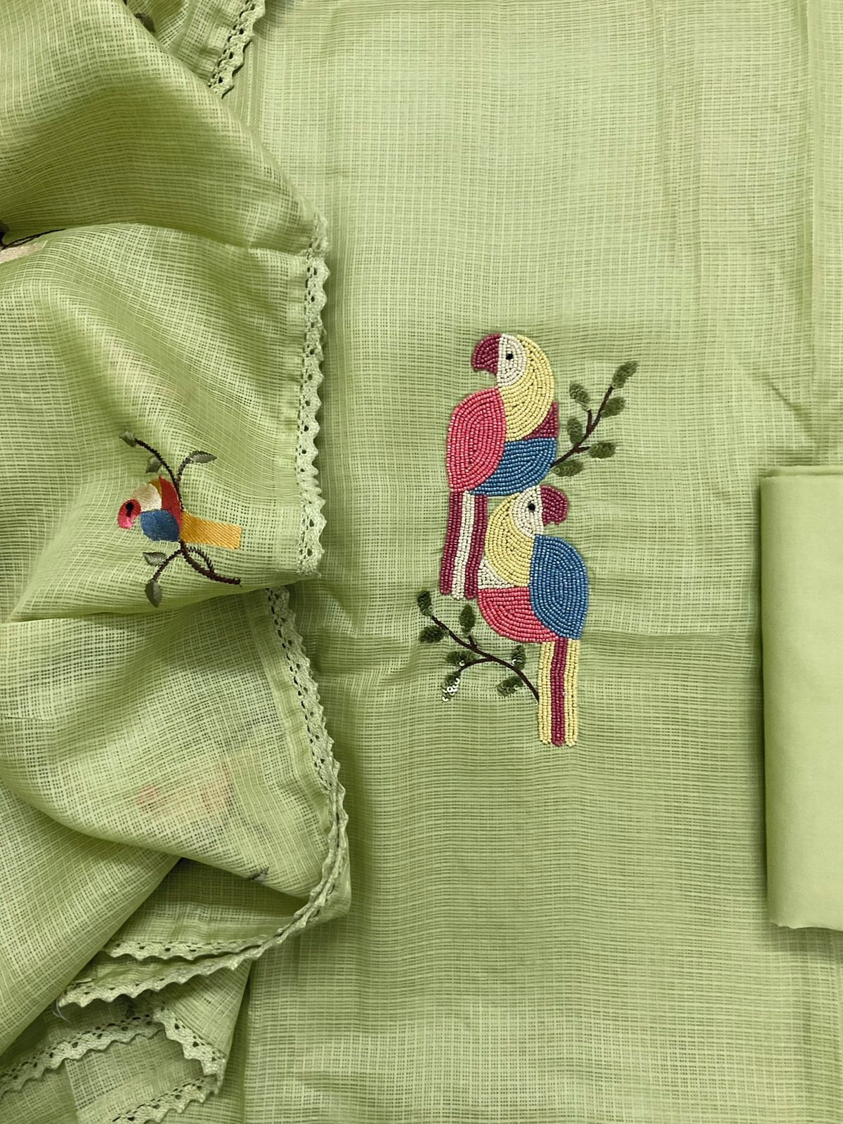 Soft Kota Silk Embroidered Suit - Green