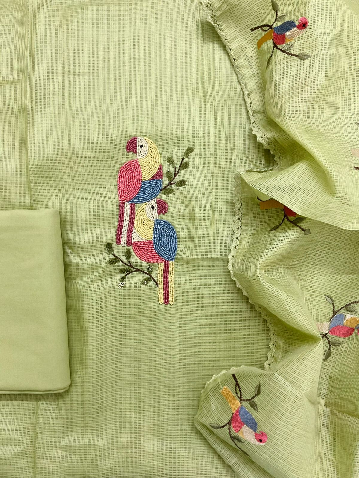 Soft Kota Silk Embroidered Suit - Green