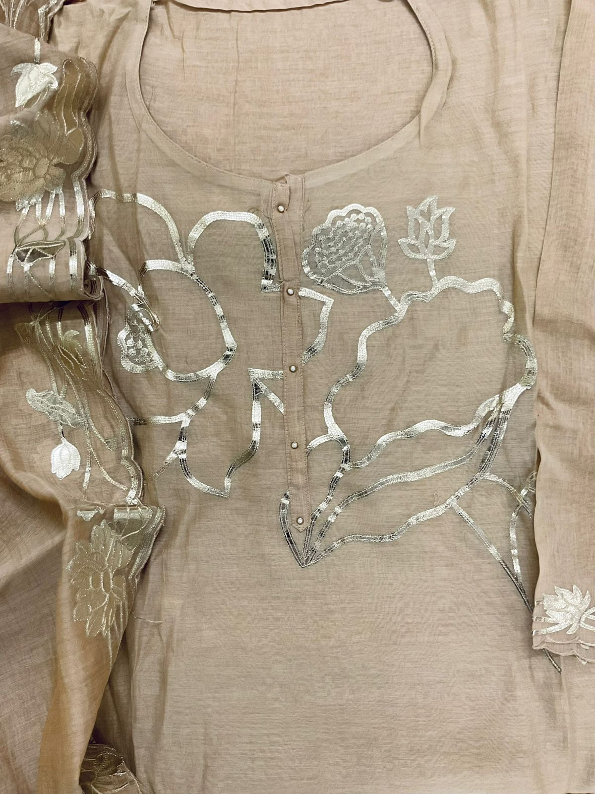 Pure Mul Chanderi Embroidered Suit - Beige